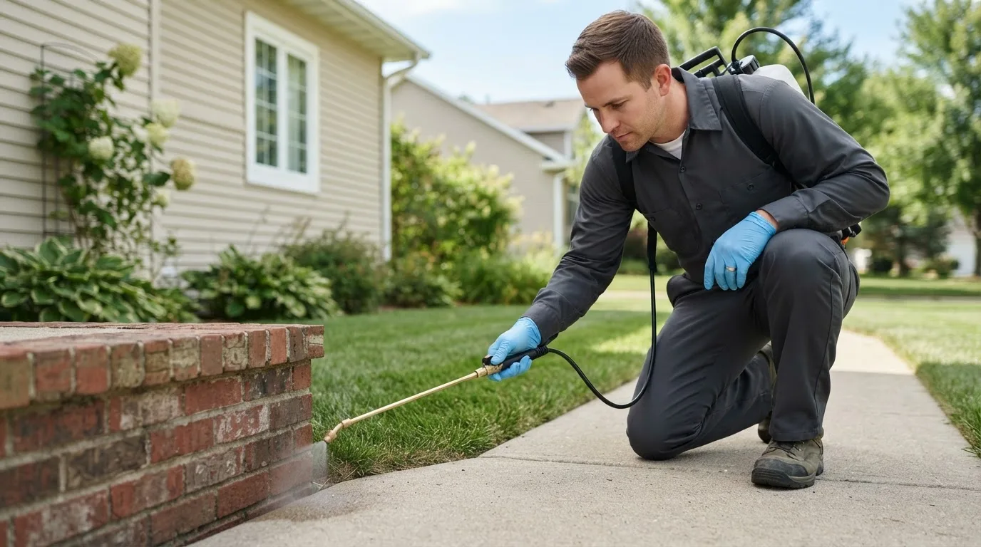 Pest control technician treating a home near Lilburn, GA